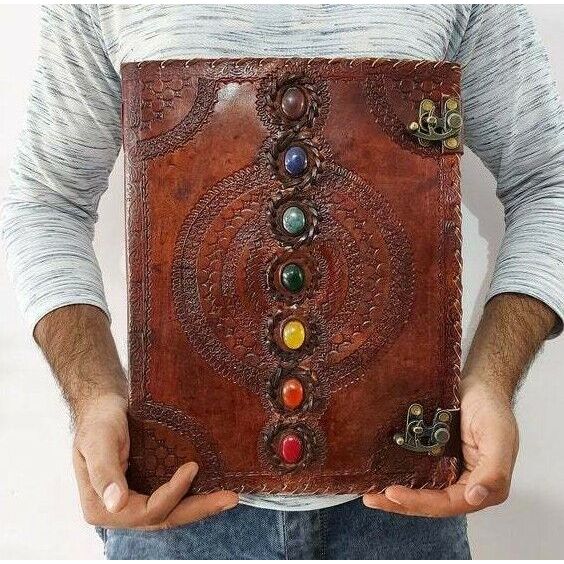 

Очень большой блокнот ручной работы с семью камнями, журнал с тиснением чакры 13 x 10 in коричневый