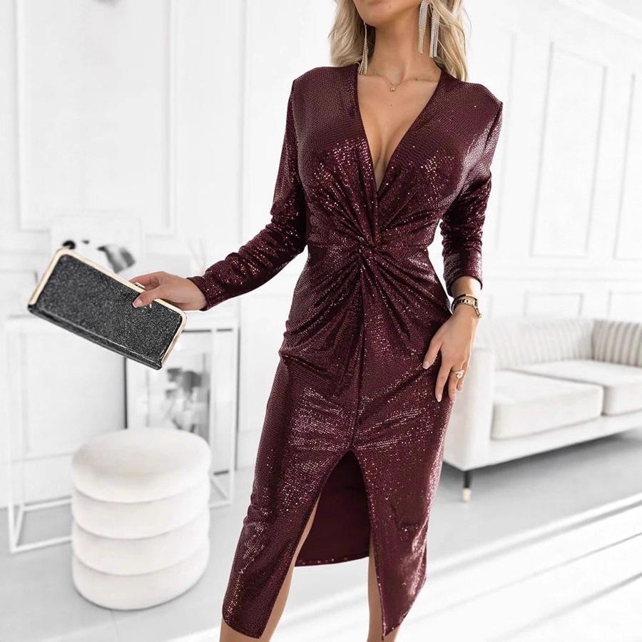 2025 European Autumn/Winter Sequin V-Neck Knot Slit Long Sleeve Party Dress