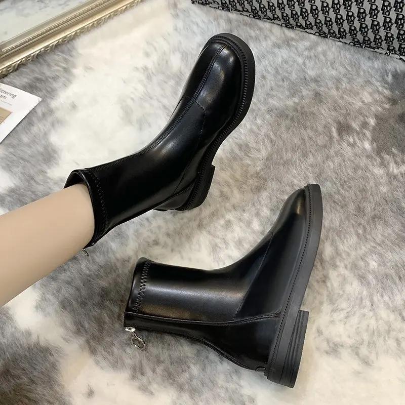 Modne botki Chelsea damskie jesienno-zimowe modne PU skóra polar ciepłe krótkie buty damskie buty eleganckie designerskie botki