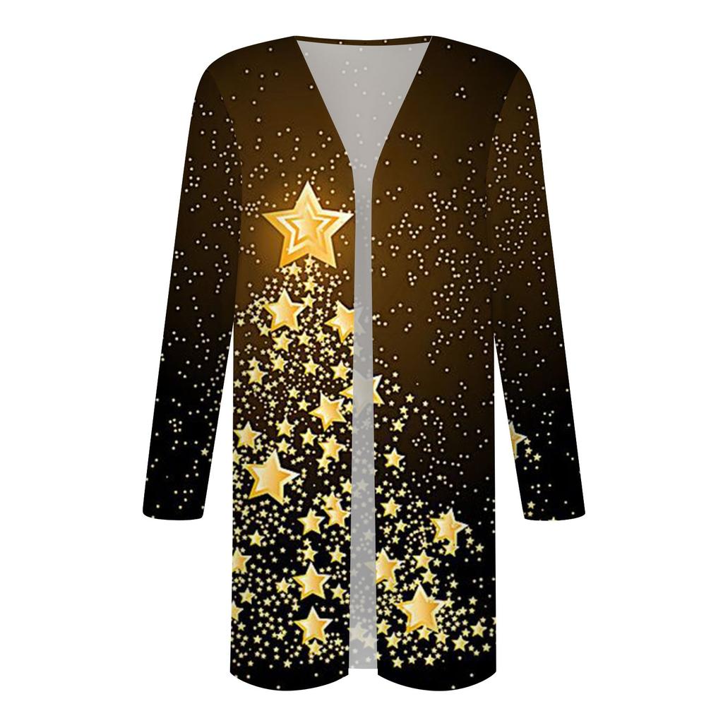 Cardigan feminino estampado de Natal com manga comprida e frente, blusa estampada e jaqueta leve