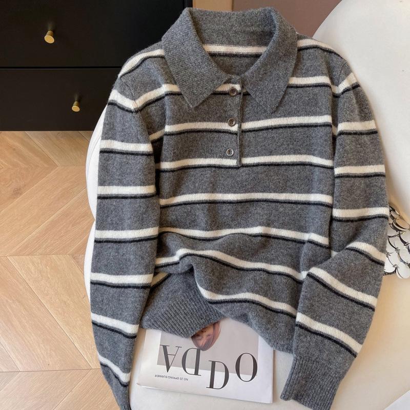 

Вязаный свитер в ретро-полоску, женский осенне-зимний новый свитер с контрастными цветами и тонким омолаживающим эффектом, топ с длинным рукавом One Size