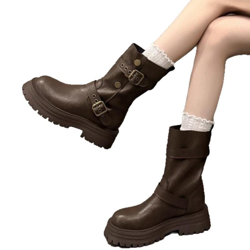 2025 Autumn and Winter New British Style Thick-soled Thin Boots Trendy Belt Buckle Locomotive Boots Medium Tube Martin Boots Women