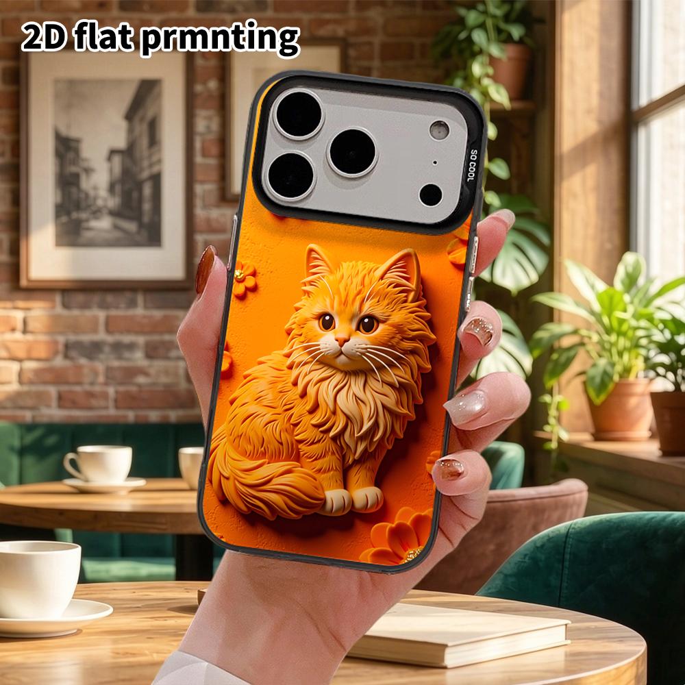 Phone Case: 2D Flat Design, Suitable for iPhone 18 17 16 15 14 13Pro In Rainbow Silver, Couple Style, Embossed Orange Cat, Christmas and Halloween Gif