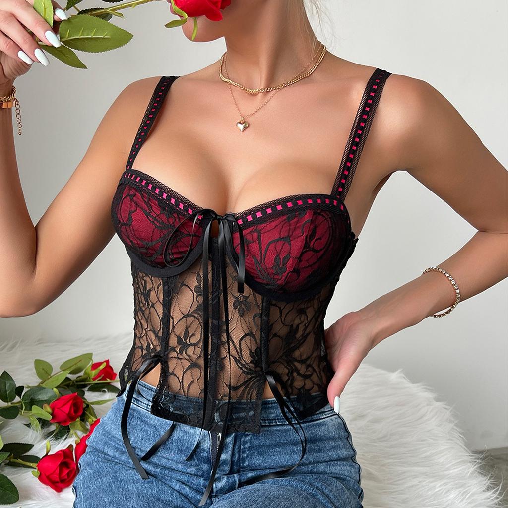 VEZFAA Women's Fashion Casual Lace Print Summer Spring Sleeveless Suspenders Sexy Bodysuits