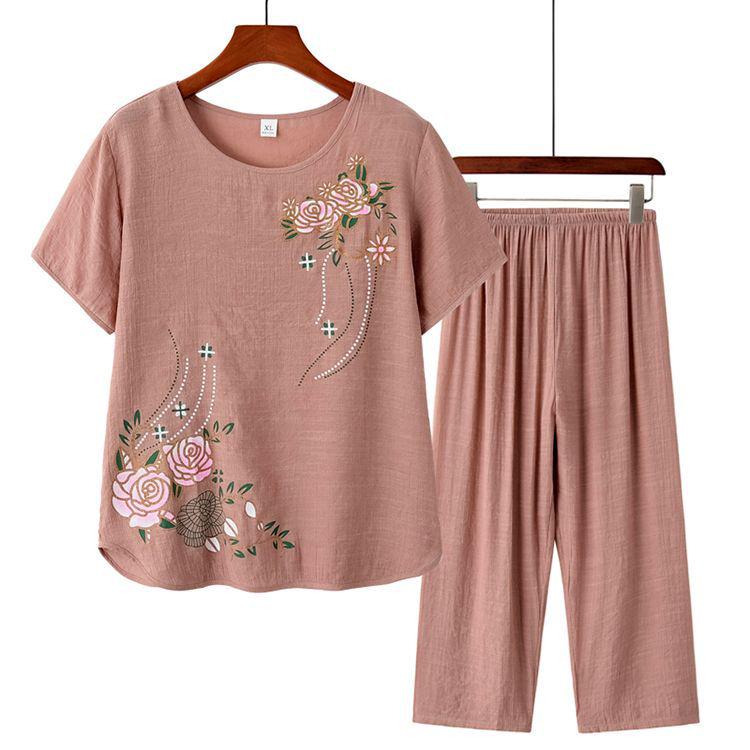 

Summer Two-Piece Set for Middle-Aged and Elderly Women - T-Shirt and 9-Point Pants XL (85-105 jin)