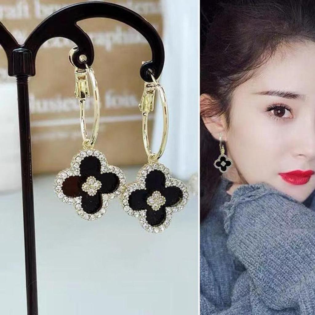 Dame Svart & Hvit Firkløver Øredobber - Fransk Mote, 925 Sølvnål, Geometrisk Design