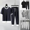 1 Set Men Suit Solid Color Pocket Colors Block Crew Neck O-Neck Stretchy Summer Male Round Neck Pleats Outfit for Office