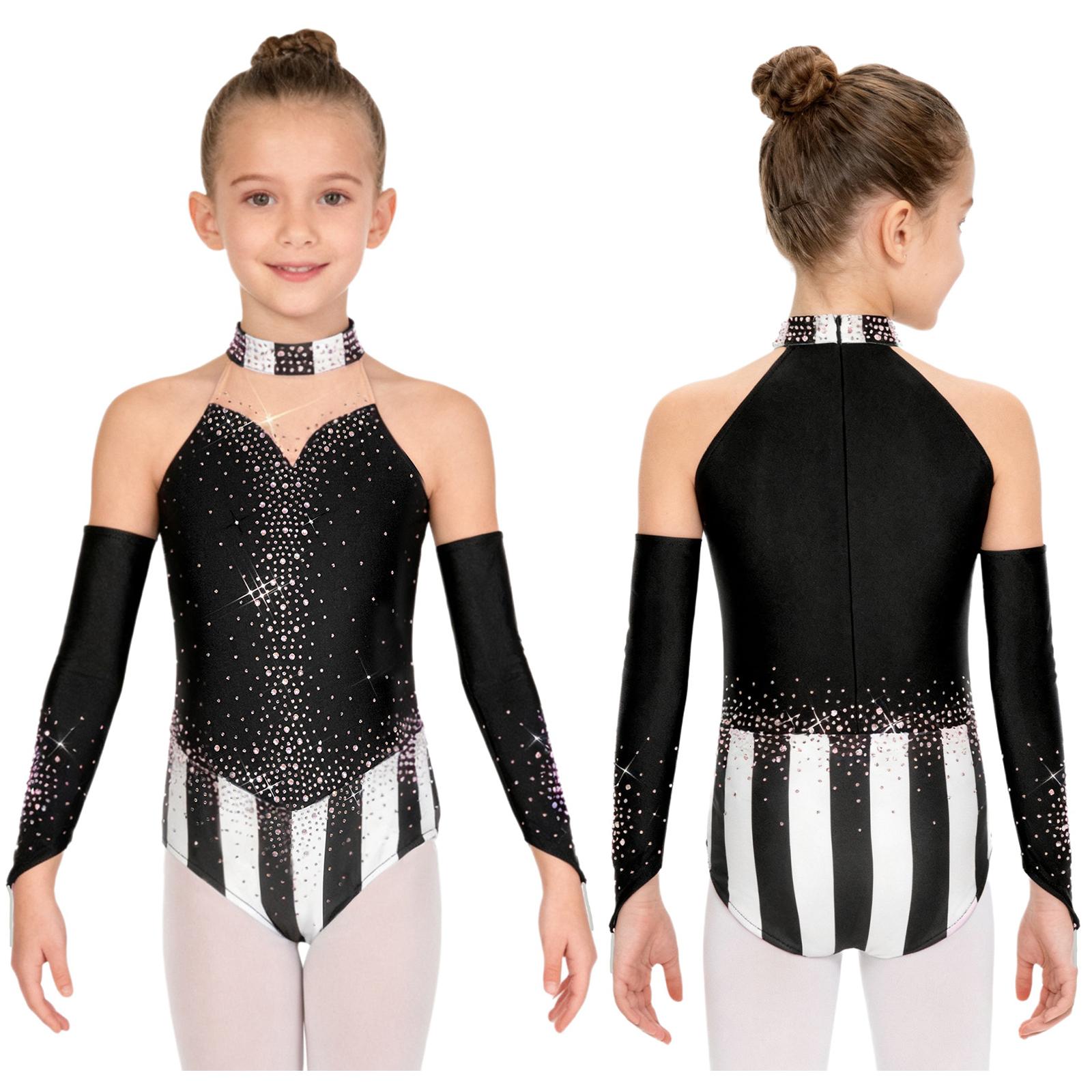 

Shiny Rhinestone Circus Jumpsuit for Girls: Mock Neck Sleeveless Patchwork Design with Back Invisible Zipper Detachable Oversleeves Halloween Parties 5-6 Years чорний
