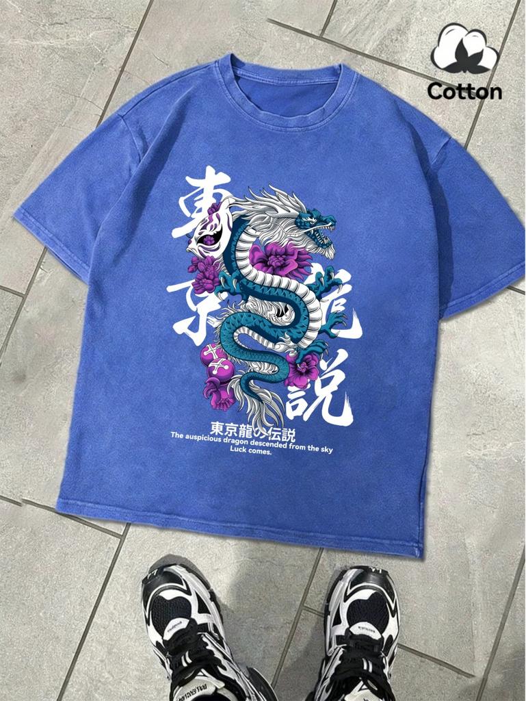 Legend Of The Tokyo Dragon Prints Washed TShirts Mens Oversized Cotton T Shirts Summer ONeck Distressed Tops Basic Clothes