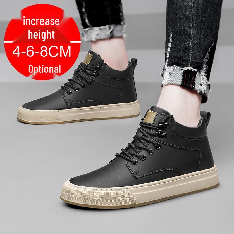 Men's Autumn Invisible Height-Boost 8cm Breathable Cowhide 6-Hole Mid-Top Shoes, British Style Sports Casual Board Sneakers