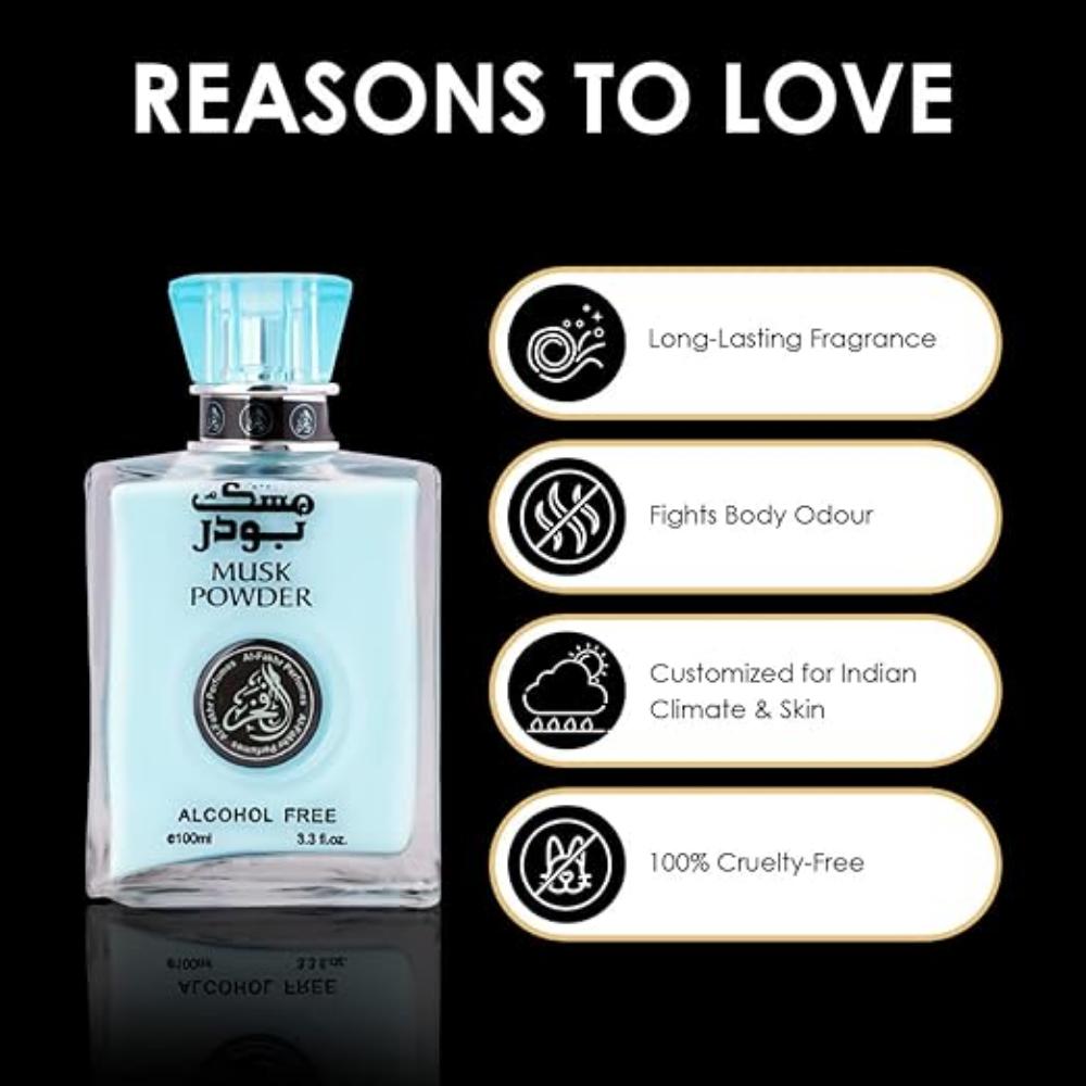 Al-Fakhr Alcohol Free Musk Powder Premium Scent, Aromatic, Fresh Spicy & Woody, Soothing Fragrance, Long Lasting Perfume Spray For Men, 100ml
