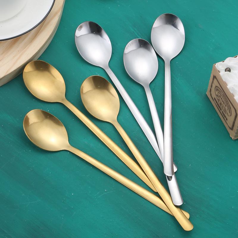 Long Handle Stainless Steel Korean Spoon - Coffee Stirrer, Dessert, Rice, Household, and Ladle Spoon