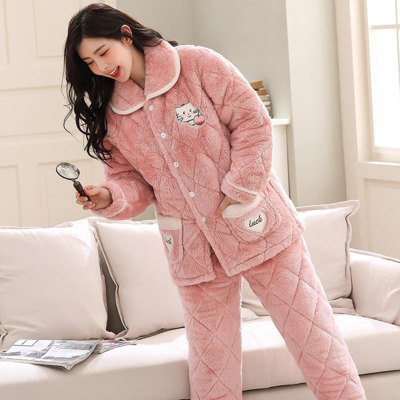 Womens Coral Fleece Quilted Pajama Set Winter Warm Flannel Loungewear