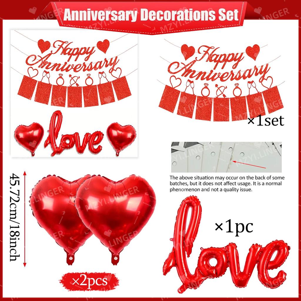 Anniversary Decoration Happy Anniversary Banner and Red Heart Balloon, Valentine's Day Banner, Used for Anniversary Decoration