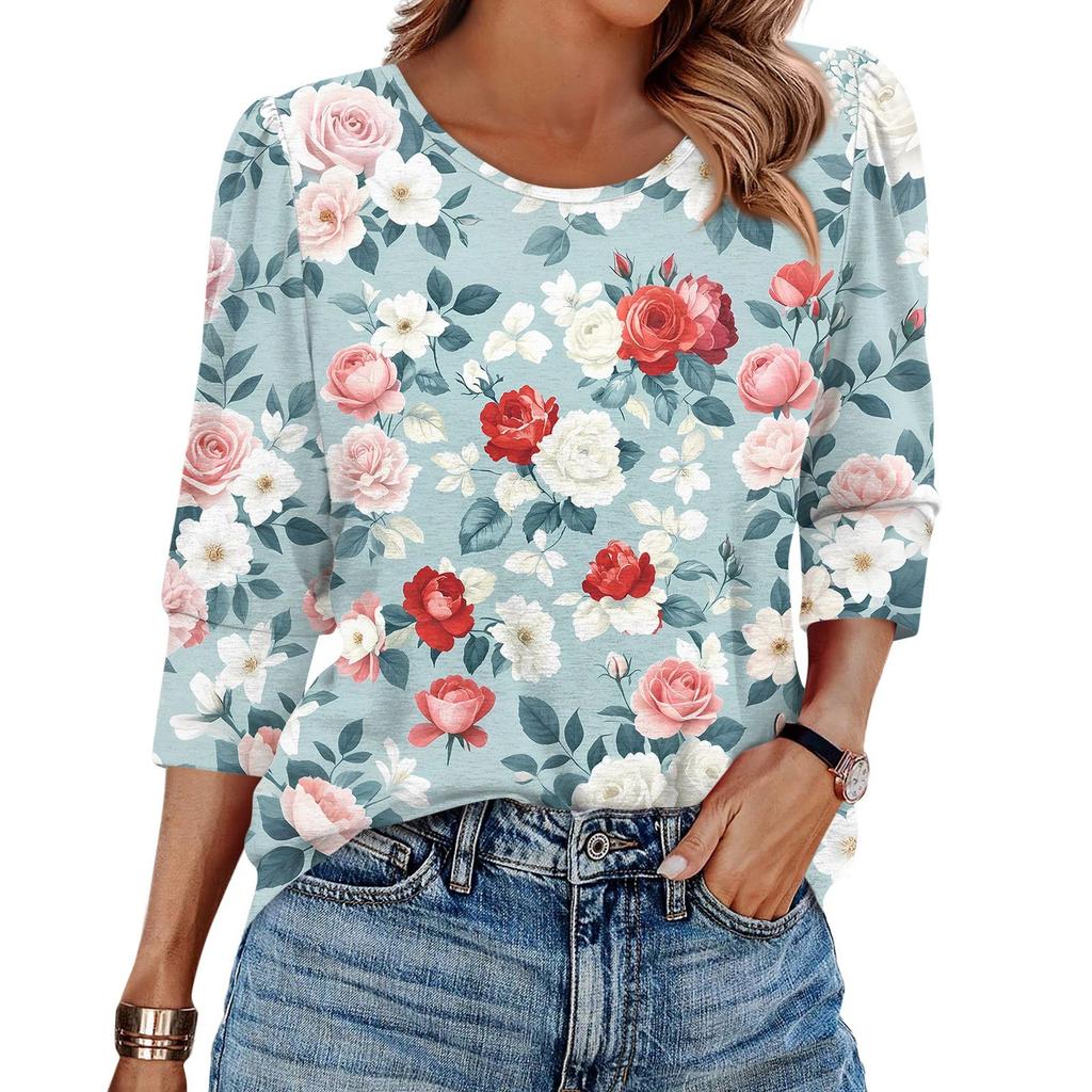 Women's Fashion Casual 3/4 Sleeve Print Shirt Women's Round Neck Tops