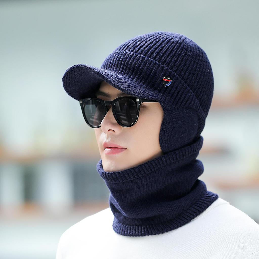 Men's Windproof Cold-proof Solid Color Warm Plush Stretchy Hats Autumn Winter Ear Protection Large Size Outdoor Knitted Hats