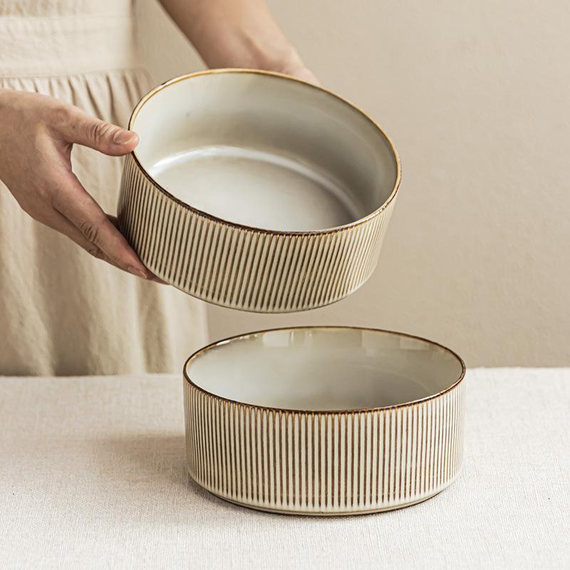Kiln Change Straight Bowl Japanese Vertical Pattern Ceramic Bowl Household Tableware Round Bowl Noodle Bowl Vegetable Bowl Fruit Salad Bowl