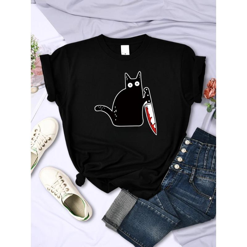 Funny Cartoon Knife Cat Printed T-Shirts Men Fashion Casual Short Sleeves Loose Breathable Pure Cotton T-shirts