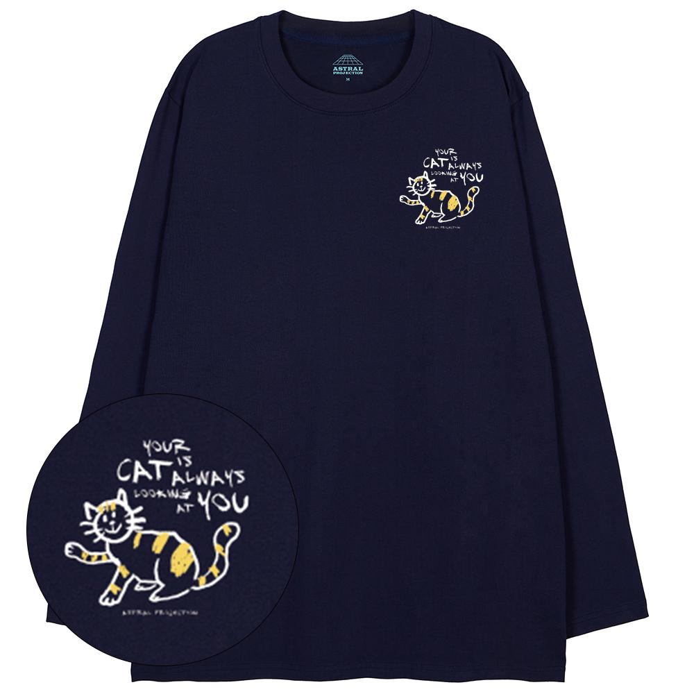 Astral Projection Doodle Cat Oversized Long Sleeve T-Shirt_Navy L