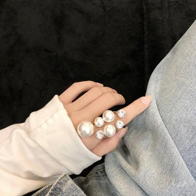 Diamond Geometric Exaggerated Large Pearl Irregular Open Ring Index Finger Ring