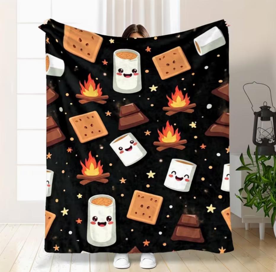 Cozy Flannel Blanket with Playful Campfire & Smores Print Soft Lightweight 280gsm All-Season Throw Bed Couch Camping & Outdoor