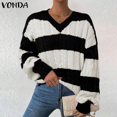Women Autumn V-Neck Long Sleeve Striped Warm Sweater Pullover Jumpers