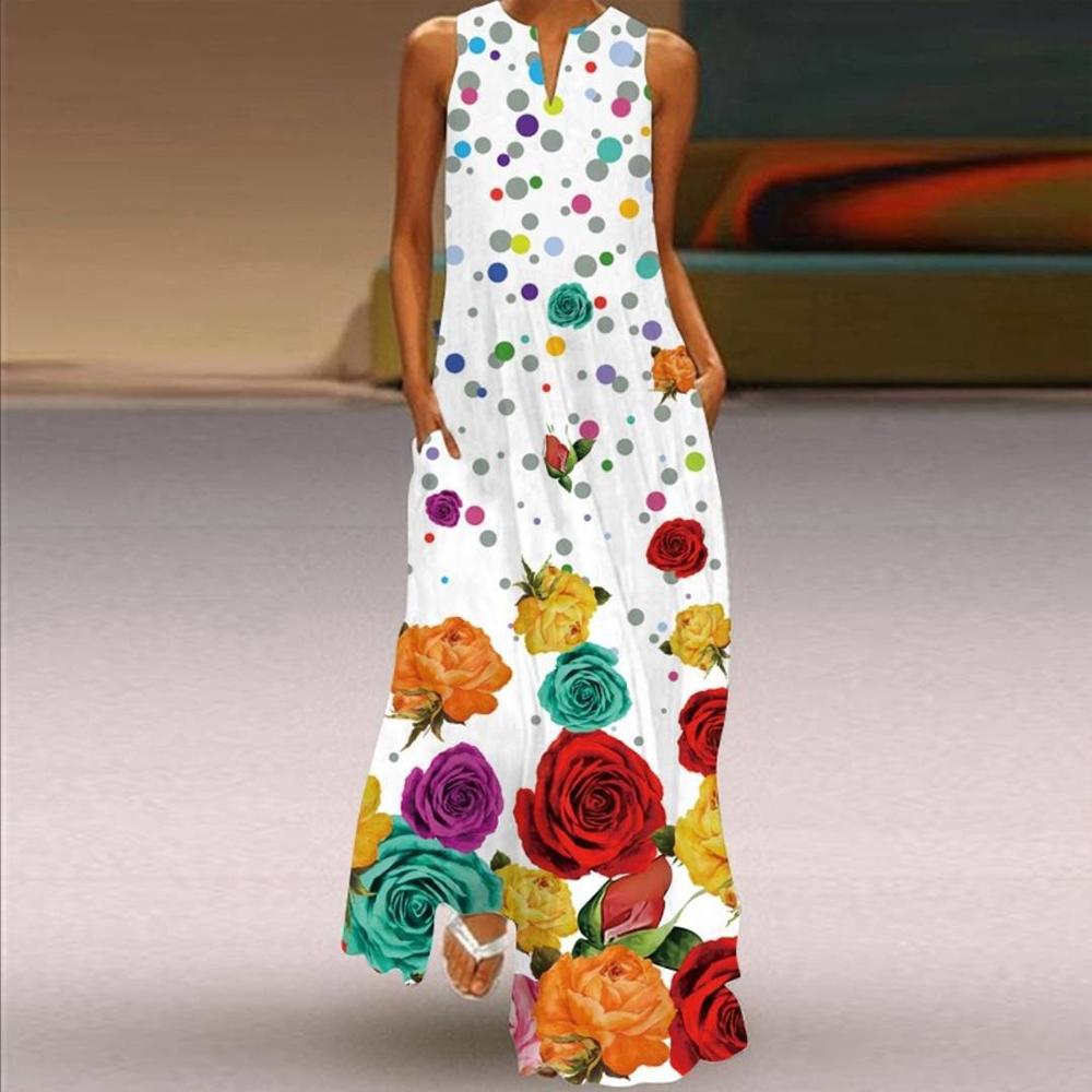 Vestidos estampados Vintage para mujer, vestido largo bohemio de verano sin mangas con cuello en V, Vestidos largos informales elegantes para fiesta en la playa