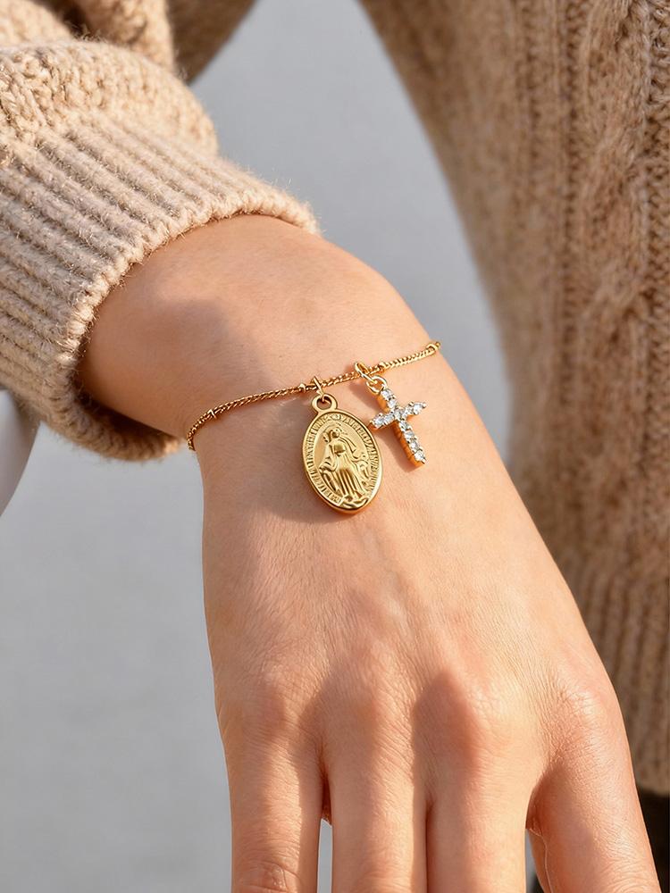 Bracciale in Acciaio Inossidabile con Medaglia della Madonna e di San Benedetto, Croce con Zirconi, Braccialetti Rosario da Donna, Gioielli Religiosi