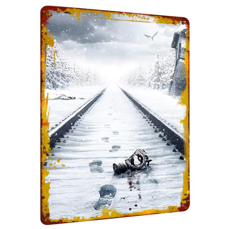 

Winter Railway Snow Scene Metal Wall Art Vintage Iron Painting Home Decor Hanging 20x30cm（7.8x11.8inch）