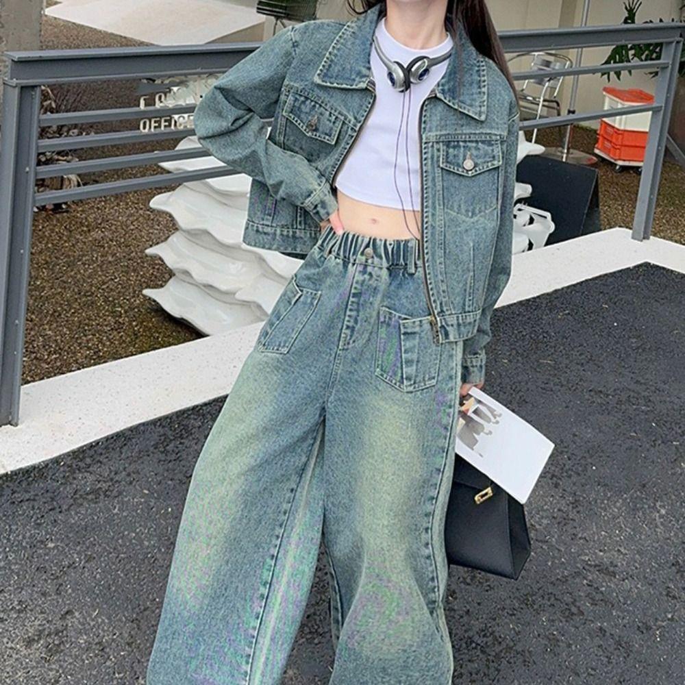 Y2K Jeans Jacket Suit Wide Leg Pants Girls Clothes Set Outfits Children Cowboy Set  Students