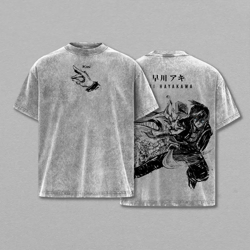 Hot Anime Chainsaw Man Hayakawa Aki Print T-shirt Men Women Short Sleeve Clothing Cotton Tshirt Retro Washed T Shirt Manga Tops S
