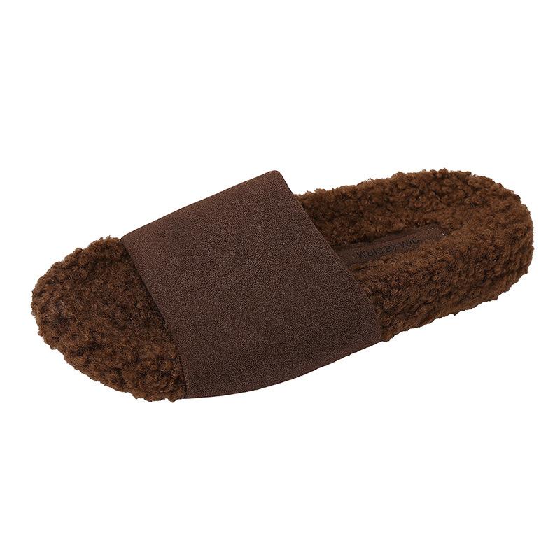 Thick-bottomed fluffy slippers for women to wear in the autumn and winter of 2025, the new one-word velvet warm lamb cake wool cotton mop is versatile