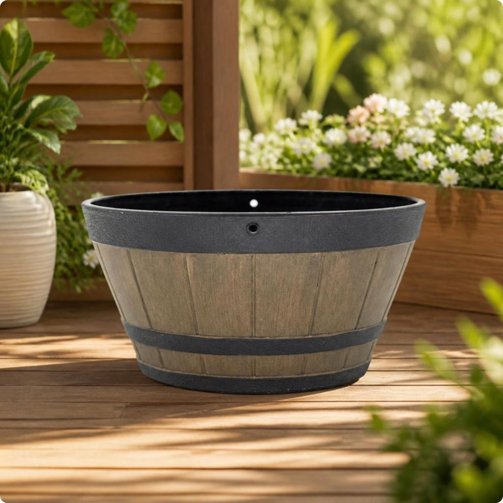 Hanging Planter with Wood Grain Farmhouse Barrel Resin for Patio, Garden