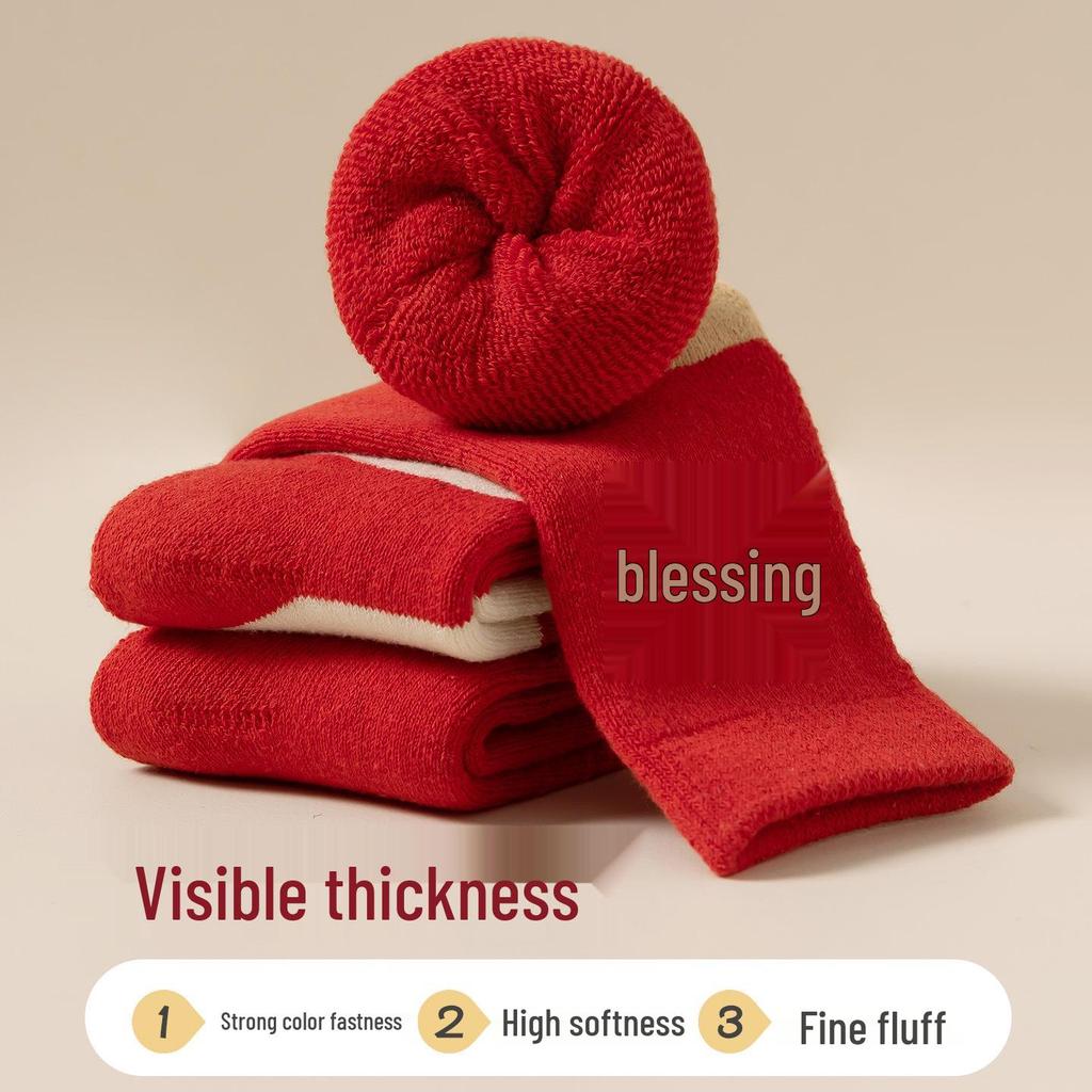 Velvet-Lined Children's Winter Socks: Year of the Rat, Mid-Calf, Red Cotton, Warm Terry for Boys & Girls