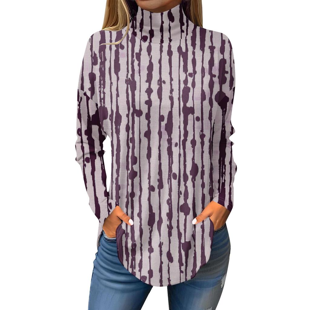 Tee Shirts For Women Fall Casual Long Sleeve Shirts Sweatshirt Vintage Printed High Neck Top Pullover