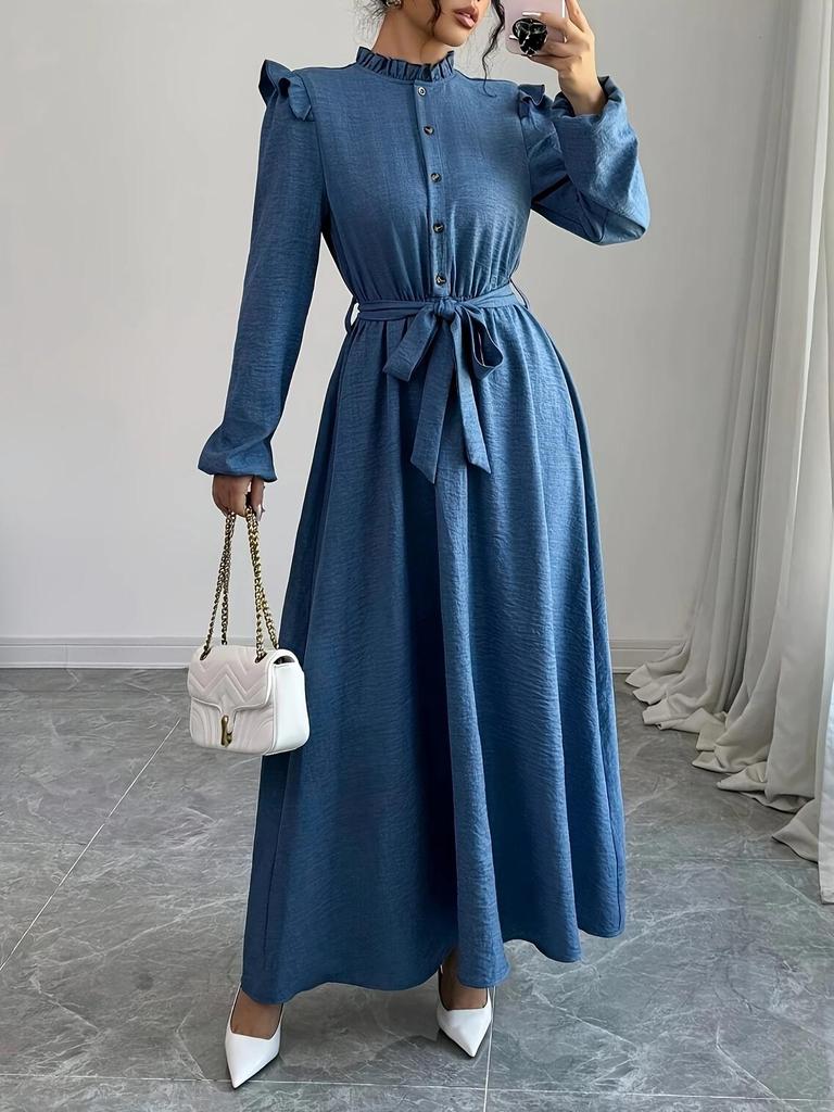 P231TEMU Retro Stehkragen Rüschenkleid mit Taillenbindegürtel - Frühlings-/Herbststil
