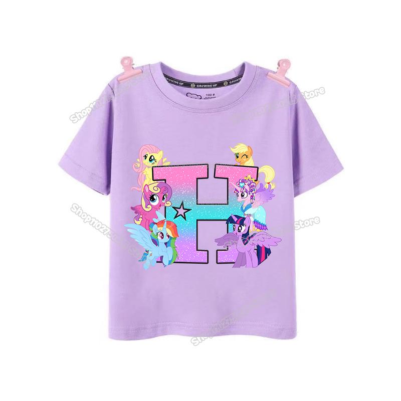 My Little Pony Girl T Shirt Twilight Sparkle Letter AZ TShirts Cartoon Kids Short Sleeve Tee Tops Casual Children Clothes