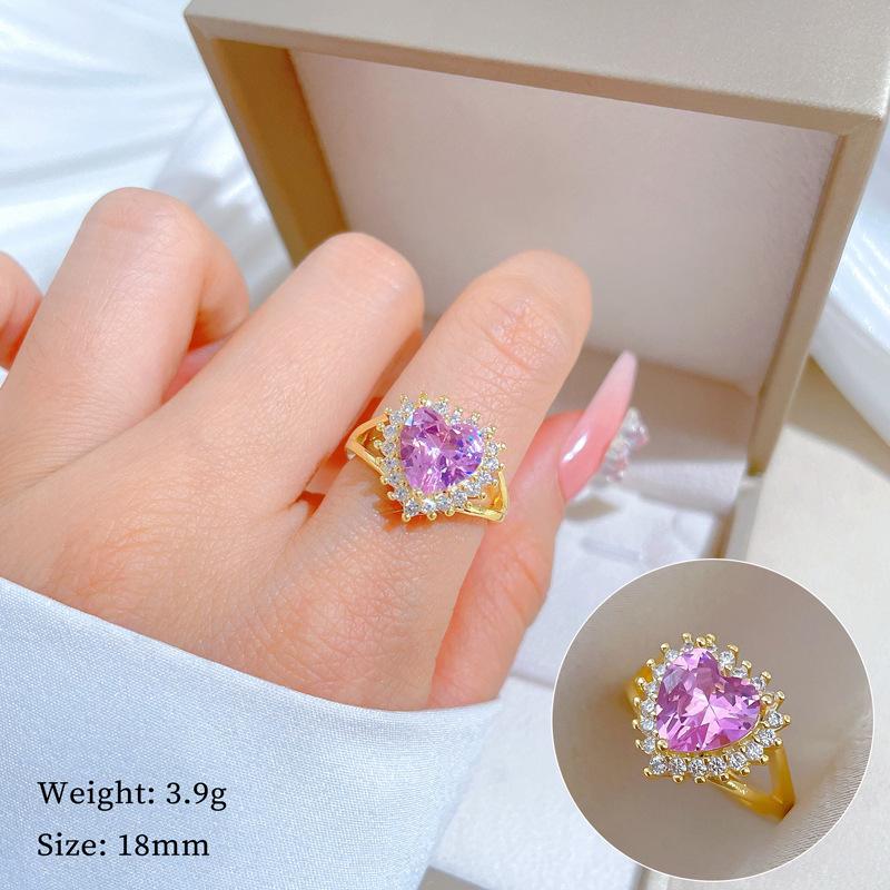 

Luxury Romantic Pink Love Heart Zircon Rings for Women Gold Color Adjustable Open Copper Ring Wedding Party Accessories Gifts