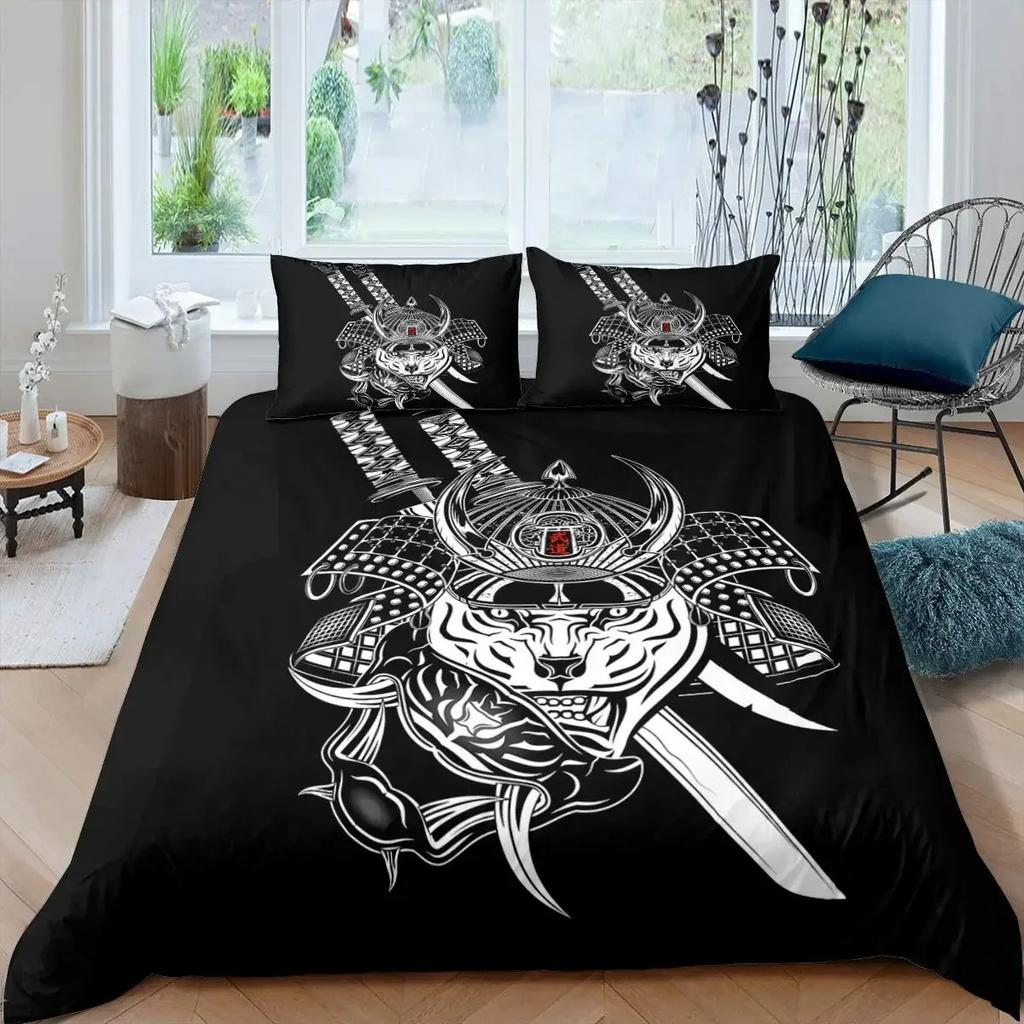 Set Letto Samurai Giapponese, Copripiumino con Siluetta di Edificio Paesaggio Tramonto Giappone per Uomini Adolescenti, Nero Rosso