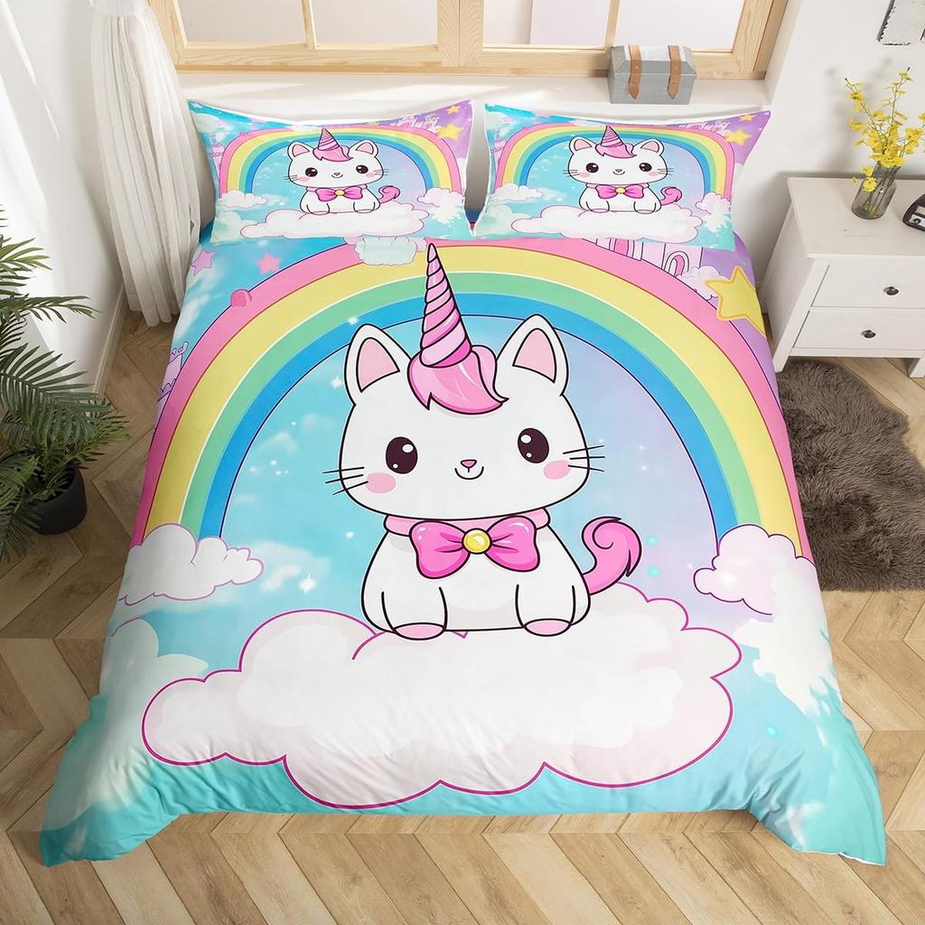 Comforter Cartoon Cat Unicorn Sweet Strawberry Milk Bedding Set Pet Animals Comforter Desserts Cakes Food