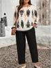 Elegant Autumn Long Sleeve Top and Pants Set with Casual Country Print