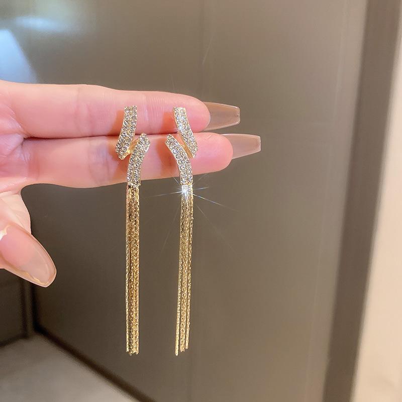 European and American Silver Needle Zircon Fringed Earrings Light Luxury High-end Atmospheric Earrings Niche Earrings Women