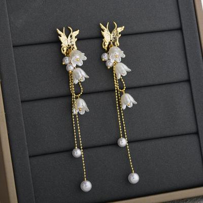 Long Flower Butterfly Tassel Earrings, Korean Fashion Elegant Drop Studs