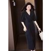 Demana Black Swan Dance Summer Lapel Waist-Cinching Midi Dress