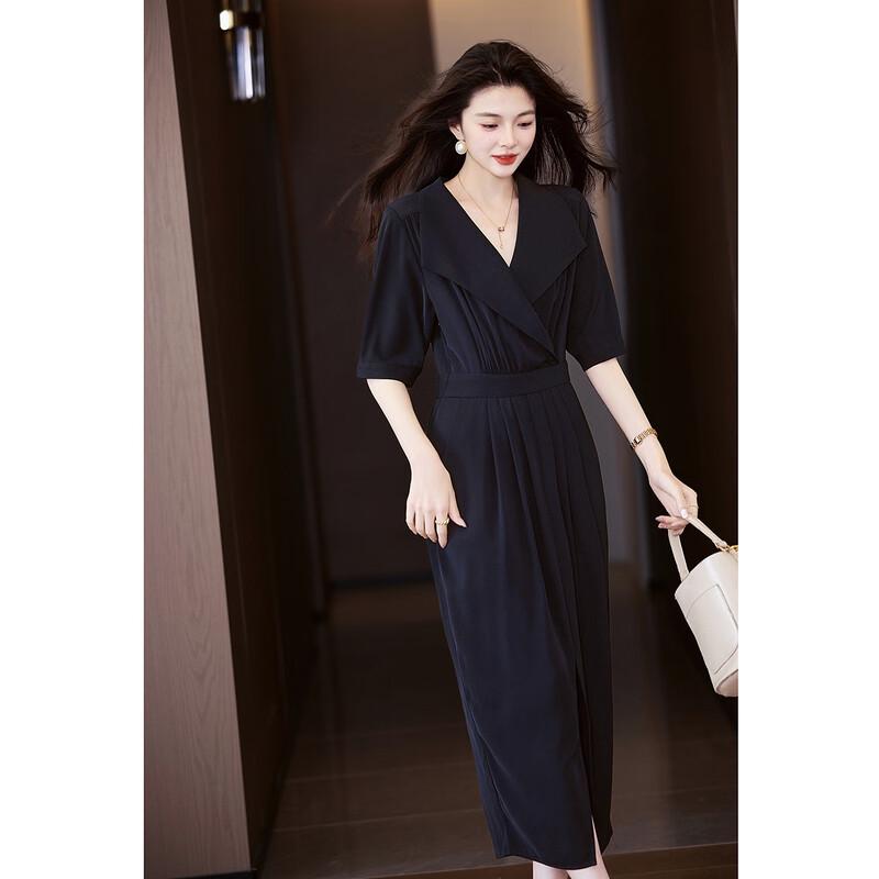 Demana Black Swan Dance Summer Lapel Waist-Cinching Midi Dress