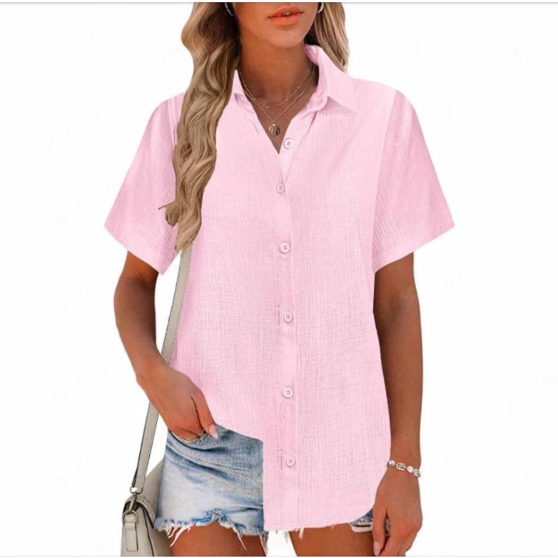 Summer Linen Cotton Solid Color Short Sleeve Shirt Women Lightweight Comfortable Summer Casual Top S