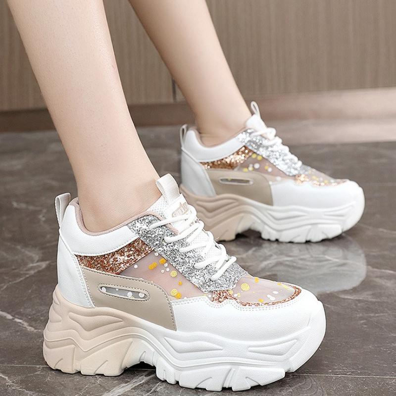 High Quality Women's Platform Shoes Summer Mesh Breathable Casual Shoe 2025 Fashion Sexy Sequin Lace-Up Sneakers Designer Brands