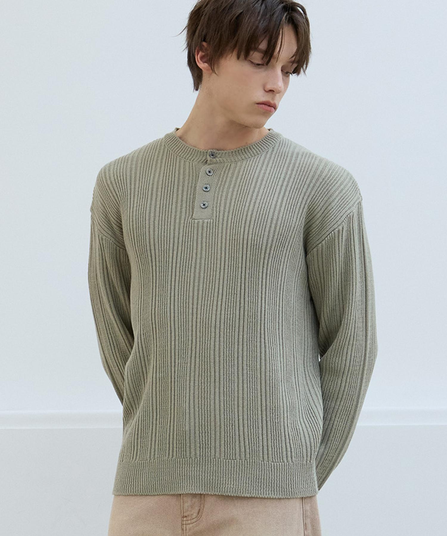 Nod You Light Ribbed Henley Neck Knit T-Shirt [Green] M