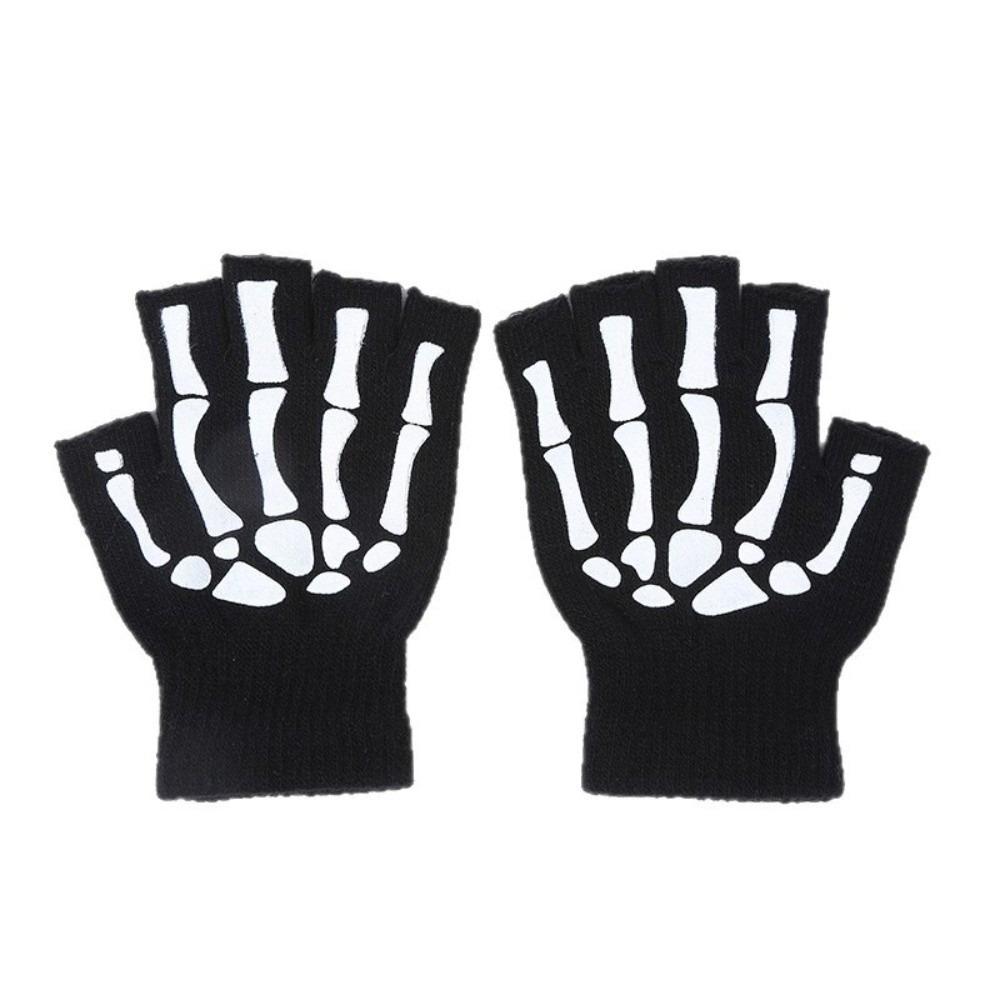 Black Fluorescent Knitted Half Finger Gloves Glow In The Dark Bone Printed Mittens  Gothic Cosplay чёрный