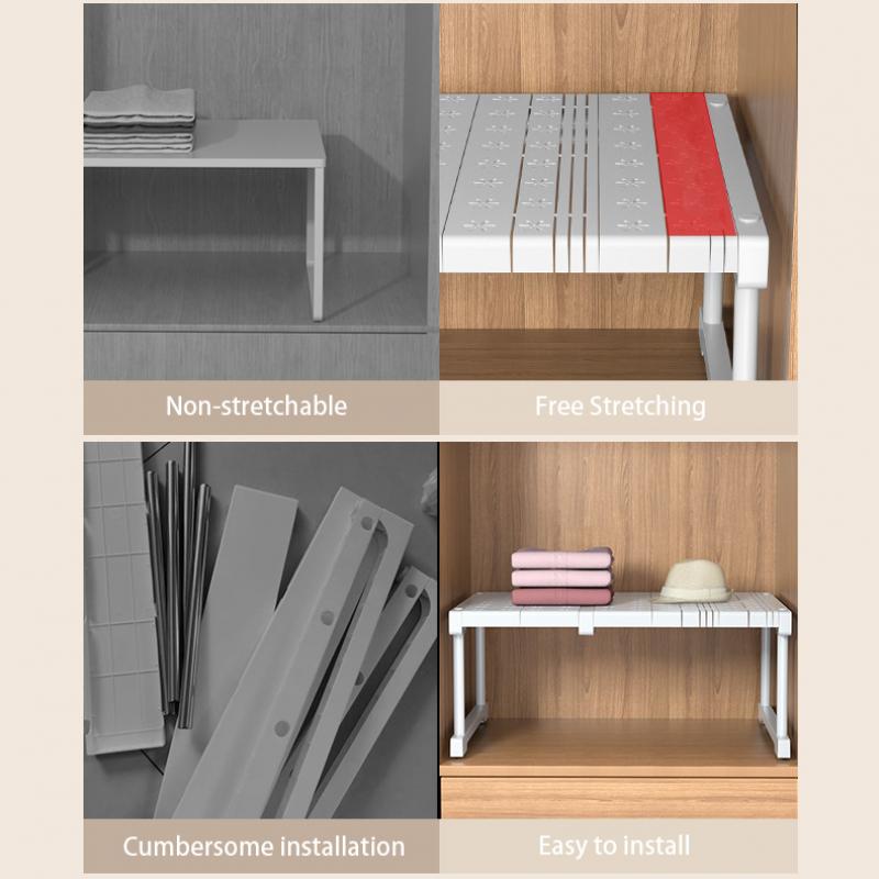 Adjustable Closet Storage No-Punch Storage Shelf Space Saving Wardrobe Decorative Shelf Cabinet Holder for Bathroom Kitchen Shoes Rack Sundry Storage